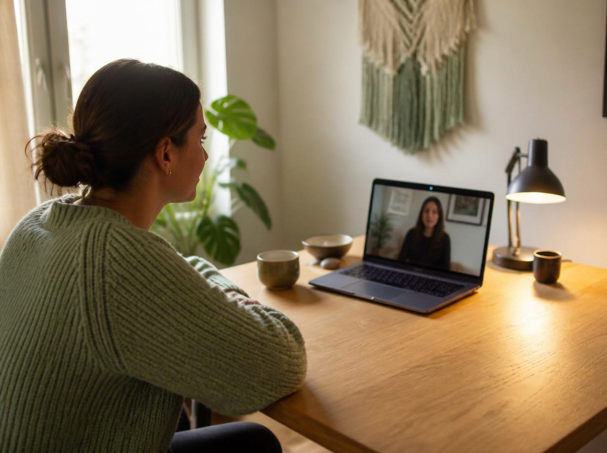 Two people in a warm, softly lit room seated across a table during an online counselling session, with a laptop and notes in front of the coach